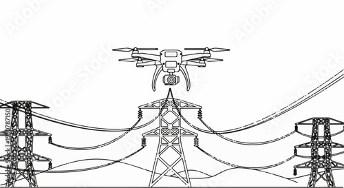 A drone with a camera hovers over a pylon, with wires connected to towers