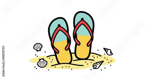 Colorful flip flops on sand.