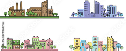 Colorful City Skyline and Industrial Factory Buildings Vector Illustration Set with Trees and Urban Architecture for Real Estate Project Isolated on White Background