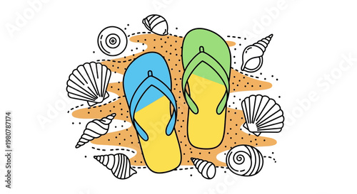 Colorful flip flops on sand.