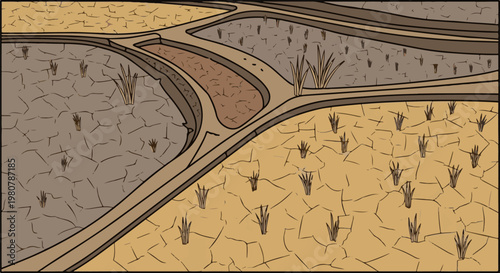 A dry, cracked landscape divided into sections with sparse dry grass