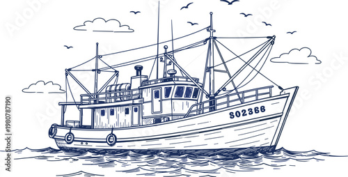Detailed black and white illustration of fishing boat with cabin smokestack rigging waves clouds and flying birds showcasing nautical craftsmanship and maritime life at sea
