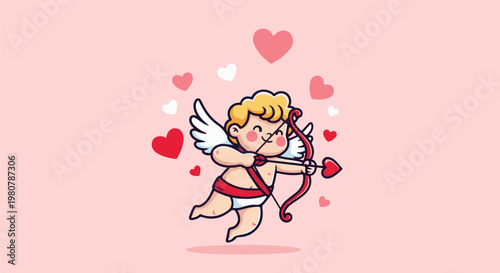 A cute winged cherub character aiming a bow and arrow with a heart tip