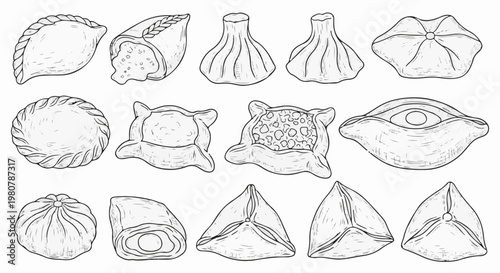 A collection of diverse, hand-drawn pastries and dumplings