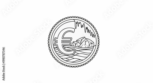 A euro coin design features waves, rocks, and a jagged horizon