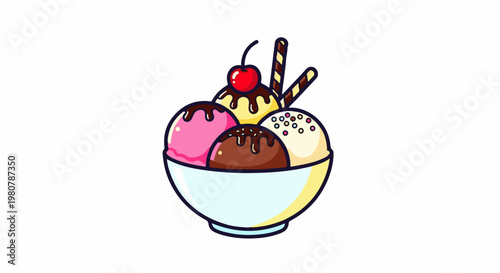 A colorful cartoon bowl overflowing with four scoops of ice cream, topped with a cherry