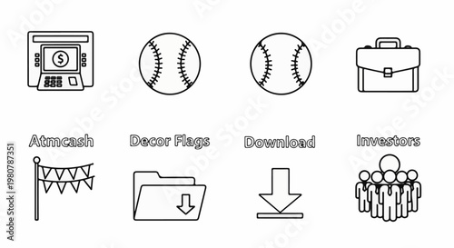 A collection of diverse line art icons including an ATM, baseballs, briefcase, flags, folder, download, and people