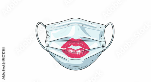 A face mask with vibrant red lips, artistic sketch style, isolated