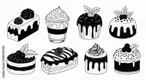 A collection of eight hand-drawn black and white desserts