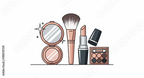 A collection of cosmetic items, including a compact mirror, brush, lipstick, and eyeshadow palette