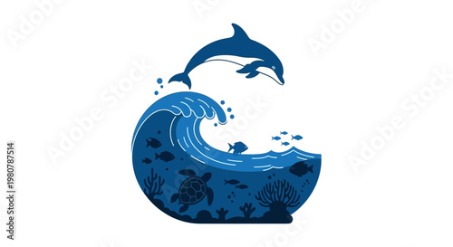 Dolphin jumping out of ocean wave.