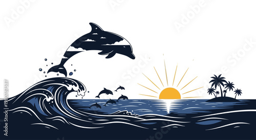 Dolphin jumping out of ocean waves.