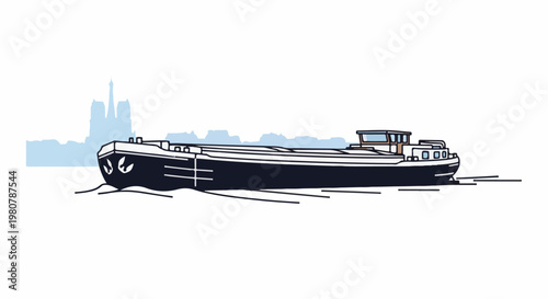 A dark barge glides on water with a faint city skyline in the background