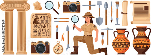 Flat Vector Illustration of Female Archaeologist with Ancient Greek Pillars Egyptian Hieroglyph Tablet Pottery Vases Compass Magnifying Glass and Scientific Research Equipment for History Discovery