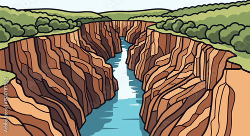 A colorful cartoon-style canyon with a river flowing through it