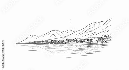 A line drawing depicts a lakeside village nestled against rolling hills and mountains