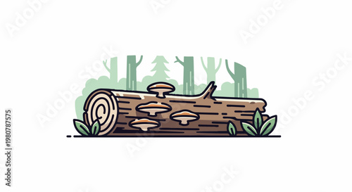 A fallen log with mushrooms and plants in a forest setting