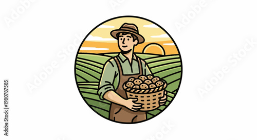 A farmer in a hat and overalls carries a basket of harvested produce