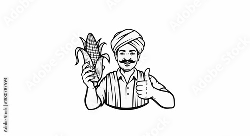 A farmer wearing a turban gives a thumbs-up while holding an ear of corn