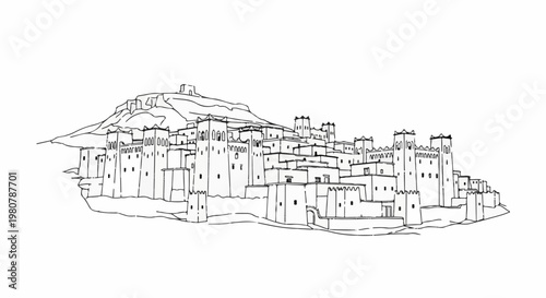 A line drawing depicts a fortified ancient village with terraced buildings on a hillside