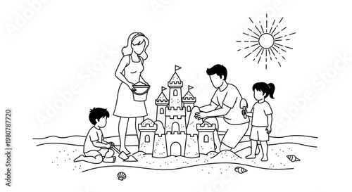 Family building sandcastle on beach together.