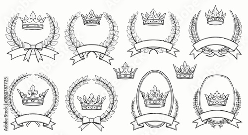 A collection of hand-drawn heraldic crests featuring crowns and laurel wreaths