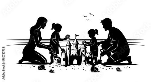Family playing on the beach together.