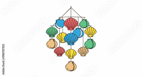 A colorful hanging mobile made of various seashells and round shells