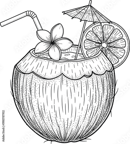 Hand drawn engraved sketch of a tropical coconut cocktail with straw umbrella orange slice and frangipani flower isolated on white background vector illustration