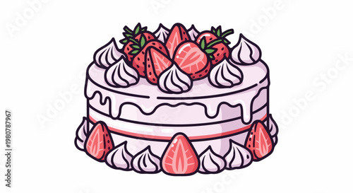 A decorated pink cake with strawberries and cream swirls