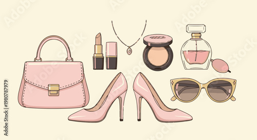 A collection of pink and gold feminine accessories, including a handbag, shoes, and makeup