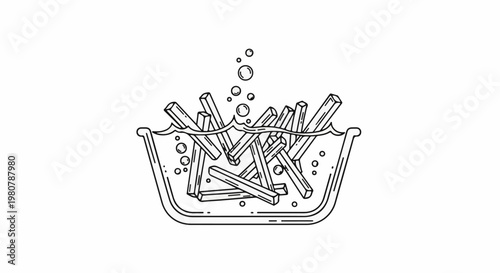 A line drawing depicts french fries submerged in water with bubbles