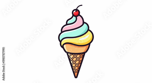 A colorful ice cream cone with three swirl flavors and a cherry