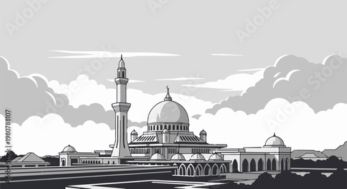 A grayscale illustration of a large mosque with a central dome and tall minaret