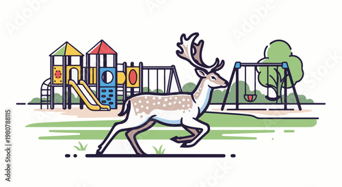 A deer trots past a colorful playground with slides and swings under a tree
