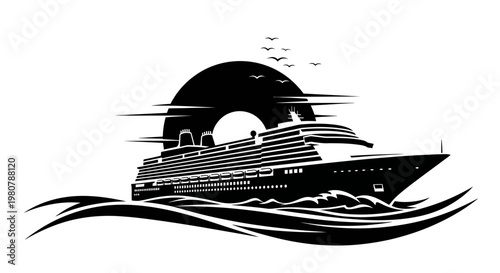 Large Cruise Ship Sailing Ocean Waves.