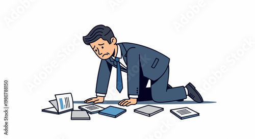 A dejected businessman on his knees surrounded by scattered documents and papers