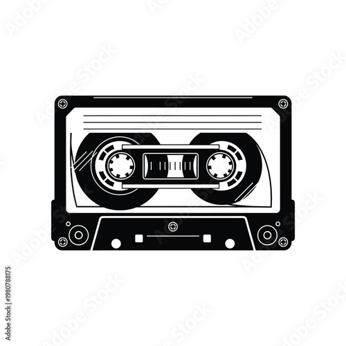 Retro audio cassette tape vector illustration in black and white minimalist style