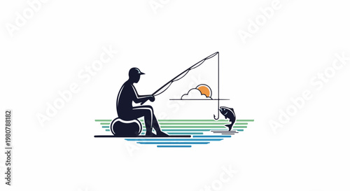 A fisherman patiently waits for a bite under a setting sun with a jumping fish