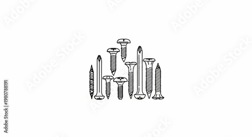 A collection of varied screws and nails are depicted in a simple black and white line drawing