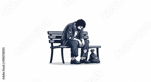 A dejected man with ripped clothing sits slumped on a park bench with a bag