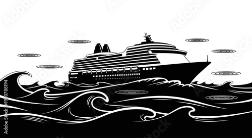 Large Cruise Ship Sailing Ocean Waves.