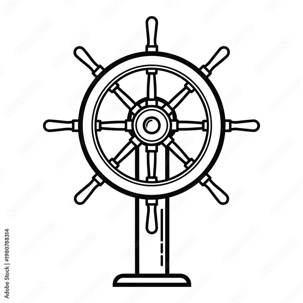 Obraz premium Ship's Wheel Helm on Pedestal Nautical Maritime Line Art Illustration