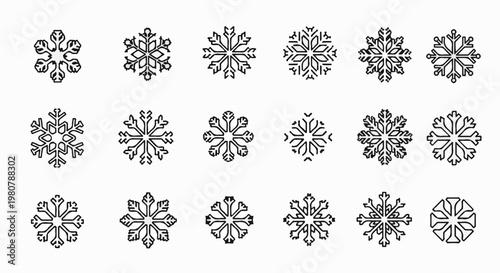 A collection of various intricate snowflake designs, each with six points