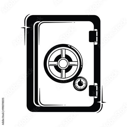 Bank vault safe door with combination lock and handle wheel black and white line art illustration