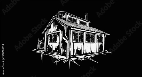 A crudely drawn, dilapidated shack with broken windows and a tin roof