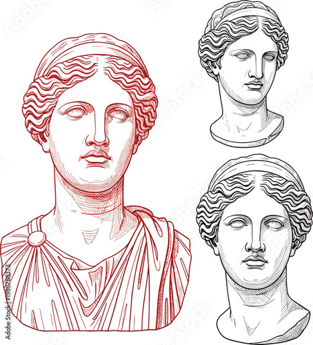 Set of hand drawn engraved sketch icons featuring ancient Greek goddess Aphrodite marble bust statues and feminine Roman sculpture heads isolated on white background vector