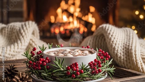 Cozy Winter Hot Chocolate Adorned with Rosemary and Berries Beside a Warm Fireplace