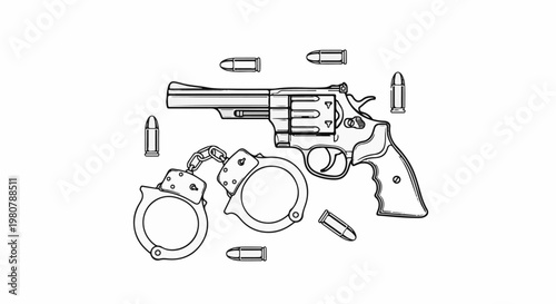A line drawing of a revolver, handcuffs, and bullets on a white background