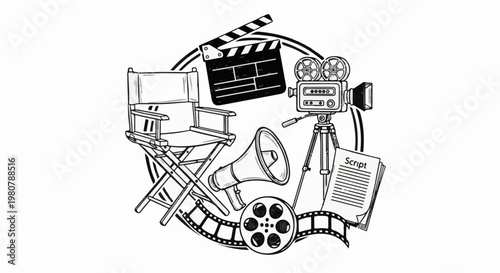 A hand-drawn collection of movie-making essentials, including a chair, camera, script
